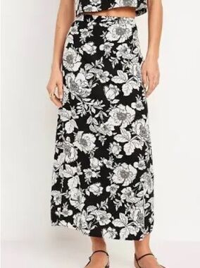 Old Navy High Waisted Linen Blend Maxi Column Skirt Black Floral Dark Floral XL